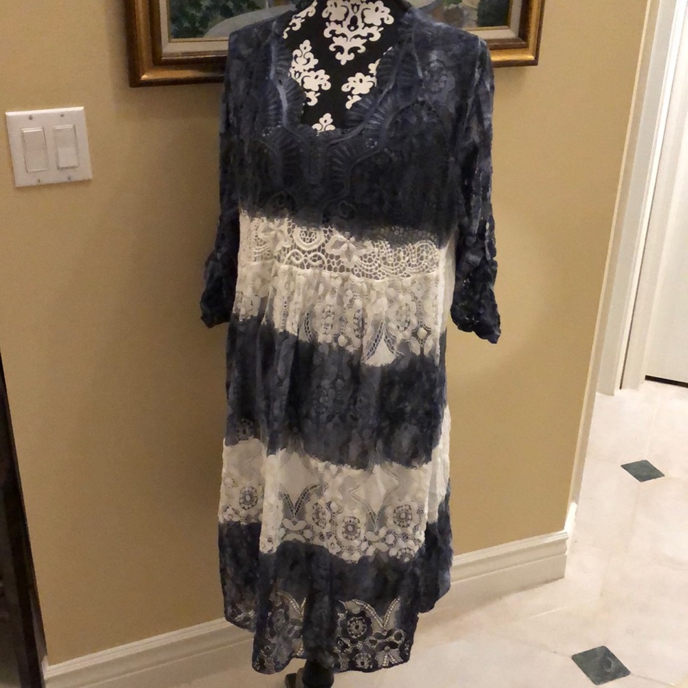 💙 Scallop Neckline, Lace Horizontal Tie dye Striped Boho tiered Dress